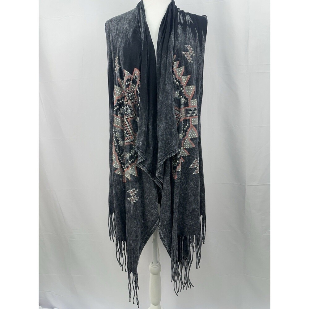 Vocal Black Mineral Wash Aztec Fringe Drape Vest Boho Western/southwest Sz XL - Picture 2 of 10